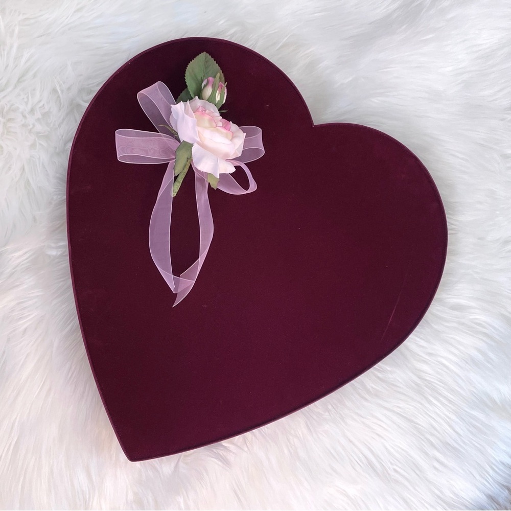 Vintage See’s Candy Giant Burgundy Velvet Heart Box with Roses + Bow